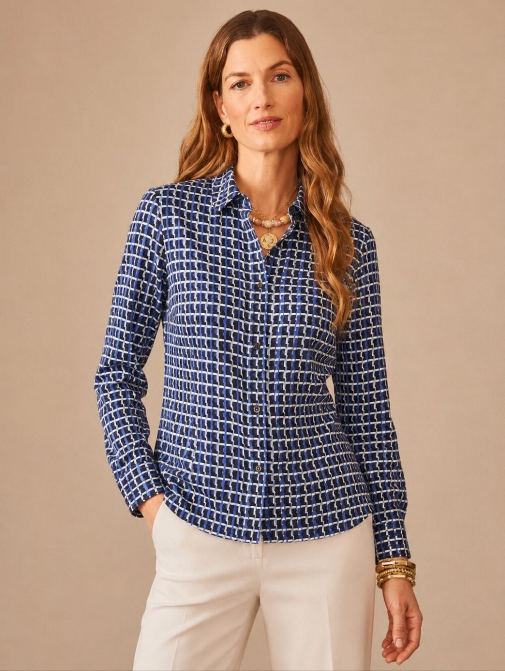 J.MCLAUGHLIN Blue Betty Knit Marseilles Geometric Print Long Sleeve Top